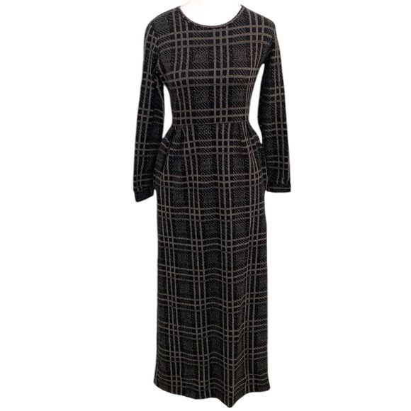 mine a Dresses & Skirts - Mine A Black Brown Long-sleeved Tweed Plaid Cotton Blend Maxi Dress US 4